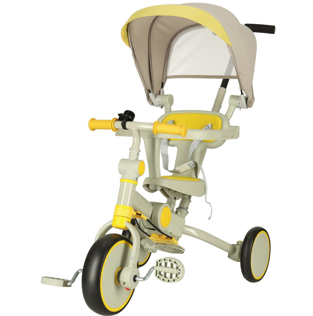 Tricicleta 6 in 1 copii, Zola, cu pedale, baldachin UV pliabil si detasabil, greutate suportata 25 kg, cadru otel, bej/galben Tricicleta 6 in 1 copii, Zola, cu pedale, baldachin UV pliabil si detasabil, greutate suportata 25 kg, cadru otel, bej/galben